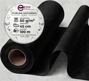 Flizelina \ WŁÓKNINA CZARNA 50 g TYPU SOFT - wyrywalna w jednym kierunku , rolka 45 cm szer. 100 metrów(50S)